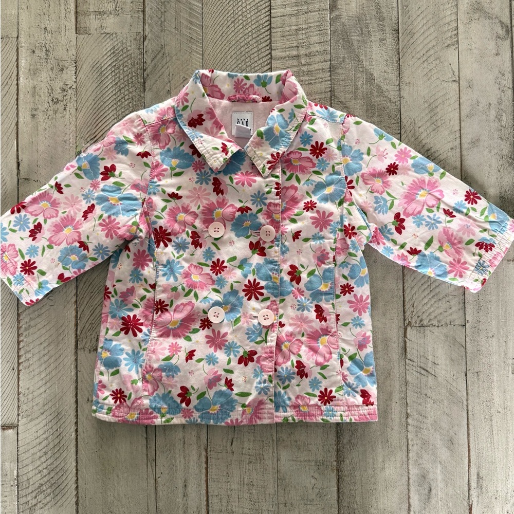 GAP Floral Double-Breasted Girls Jacket - Pink & Blue Flowers Size 6-12 months